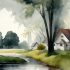 Thatched roof cottage near river in serene landscape