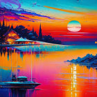 Colorful sunset painting of lakeside village with reflections, boats, and buildings