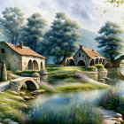 Colorful rural landscape illustration with houses, trees, pond, and greenery