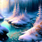 Snow-covered pine trees by gently flowing river in serene winter scene