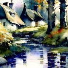 Vibrant landscape painting with blue stream, trees, house, and mountains