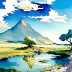 Serene mountain landscape in vibrant watercolor