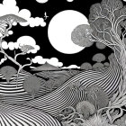 Surrealist black and white landscape with moon and stars