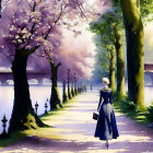 Woman in blue dress and hat walking on scenic path with blooming purple trees and river.