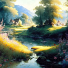 Tranquil landscape with vibrant flowers, serene river, lush greenery, and quaint cottages