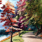 Vibrant autumnal scene with colorful trees, houses, and lake path