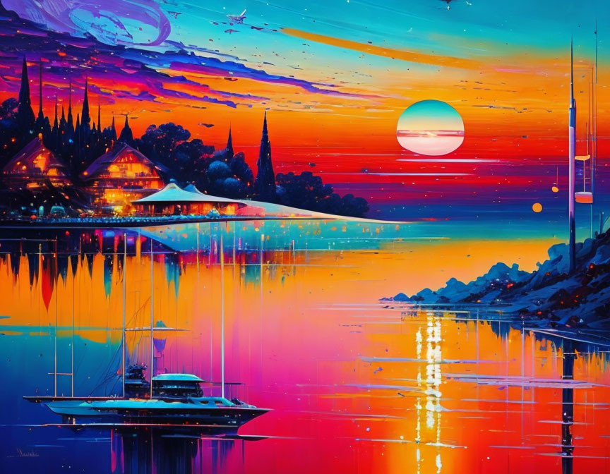 Colorful sunset reflections on lake with boats and buildings