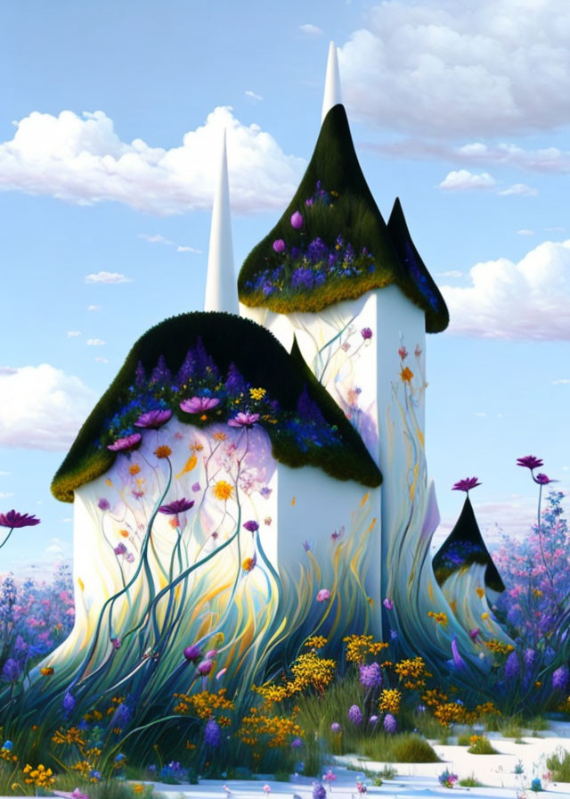 Whimsical fantasy illustration of flower-covered hill roofs under clear blue sky