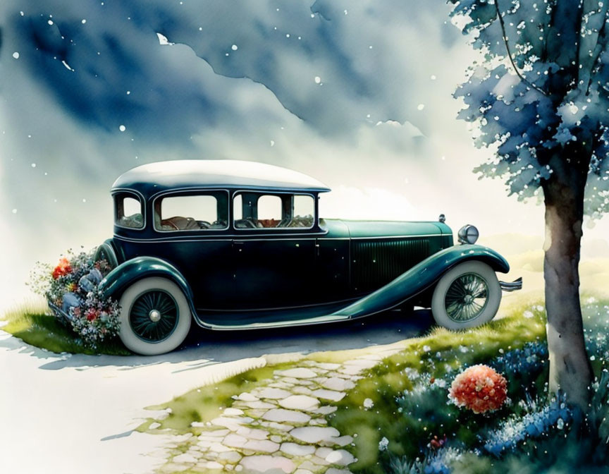 Vintage Car Parked Beside Tree with Colorful Flowers in Watercolor Style