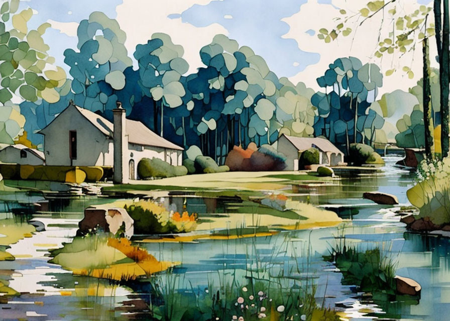 Serene landscape with quaint houses by a river