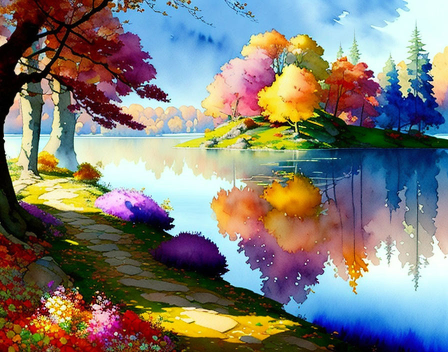 Colorful Watercolor Landscape of Autumn Trees and Lake Reflections