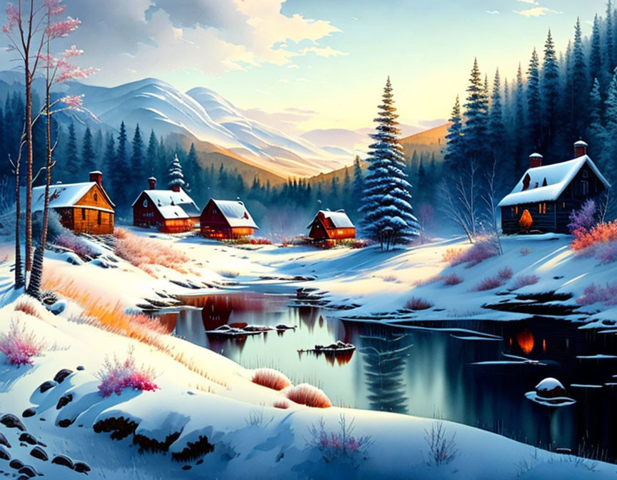 Snow-covered cottages by reflective river in winter twilight