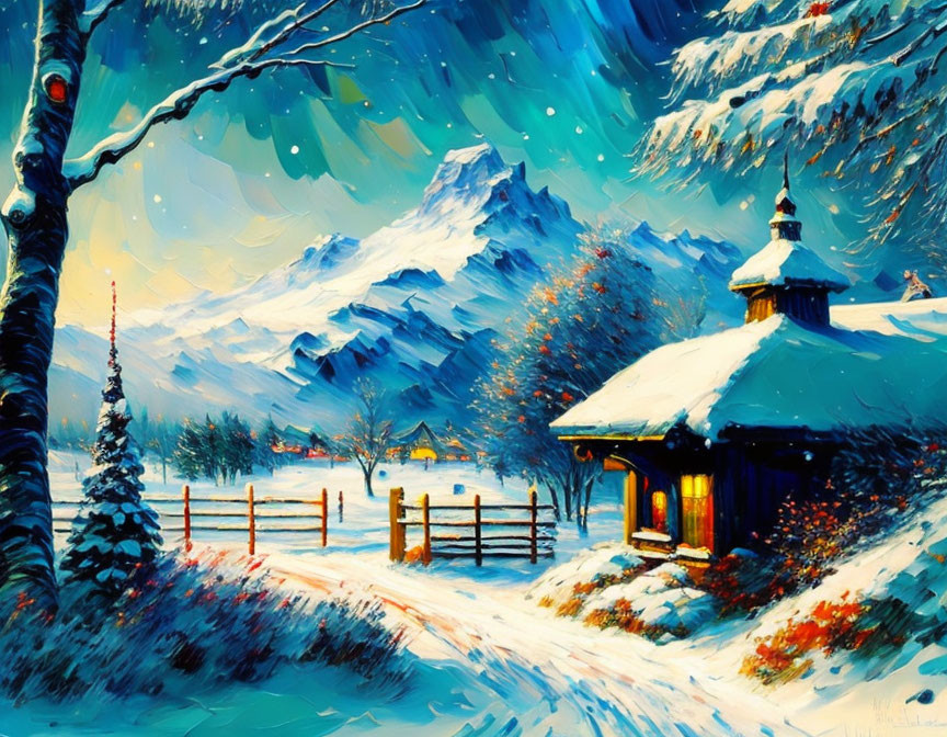 Snowy mountain landscape painting with cozy cottage and starlit sky