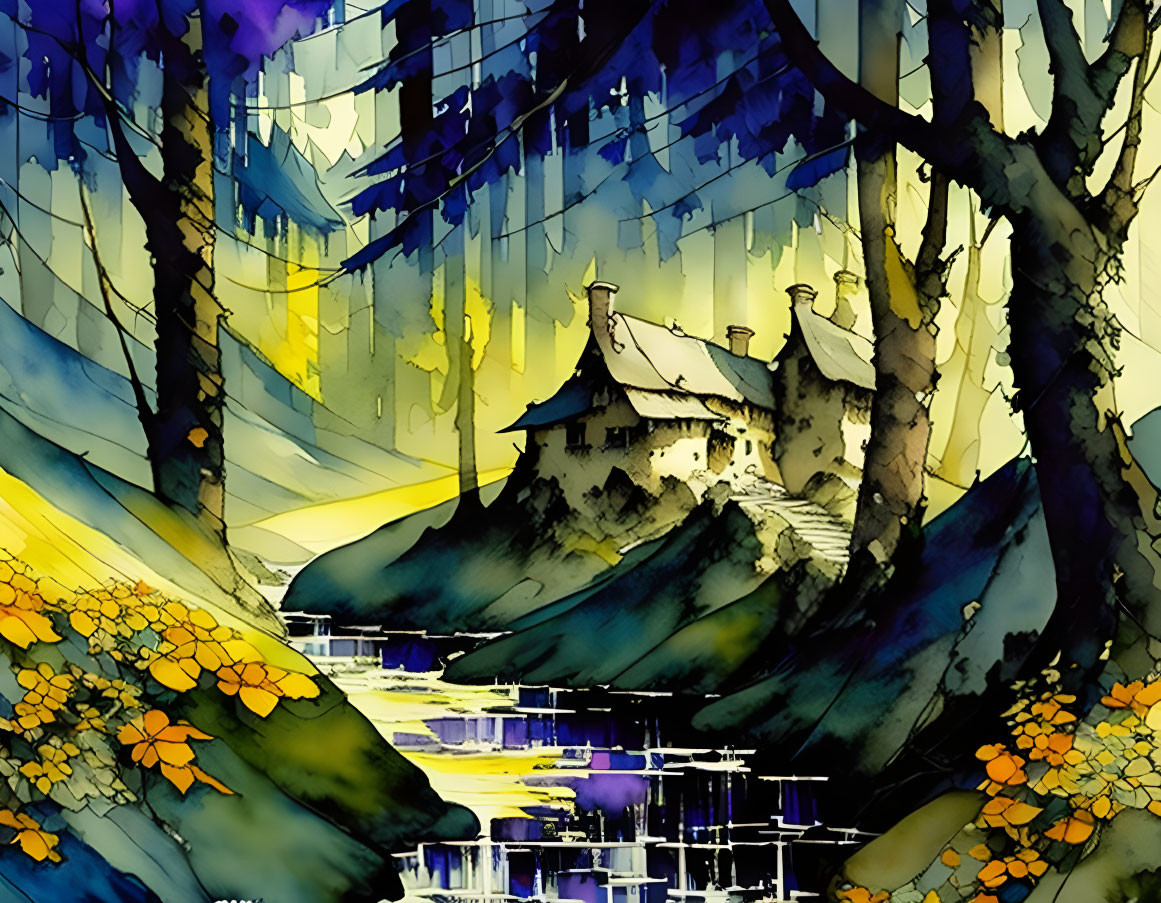 Colorful watercolor painting: Whimsical house, abstract trees, river, sky