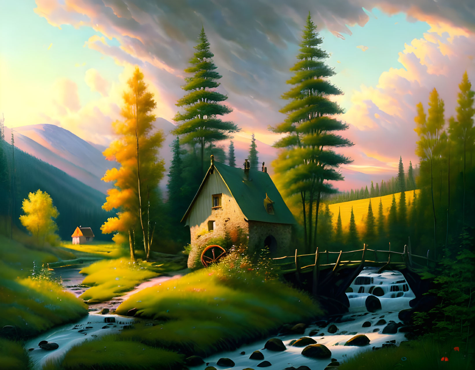 Stone cottage by stream in pine tree landscape under dramatic sunset.