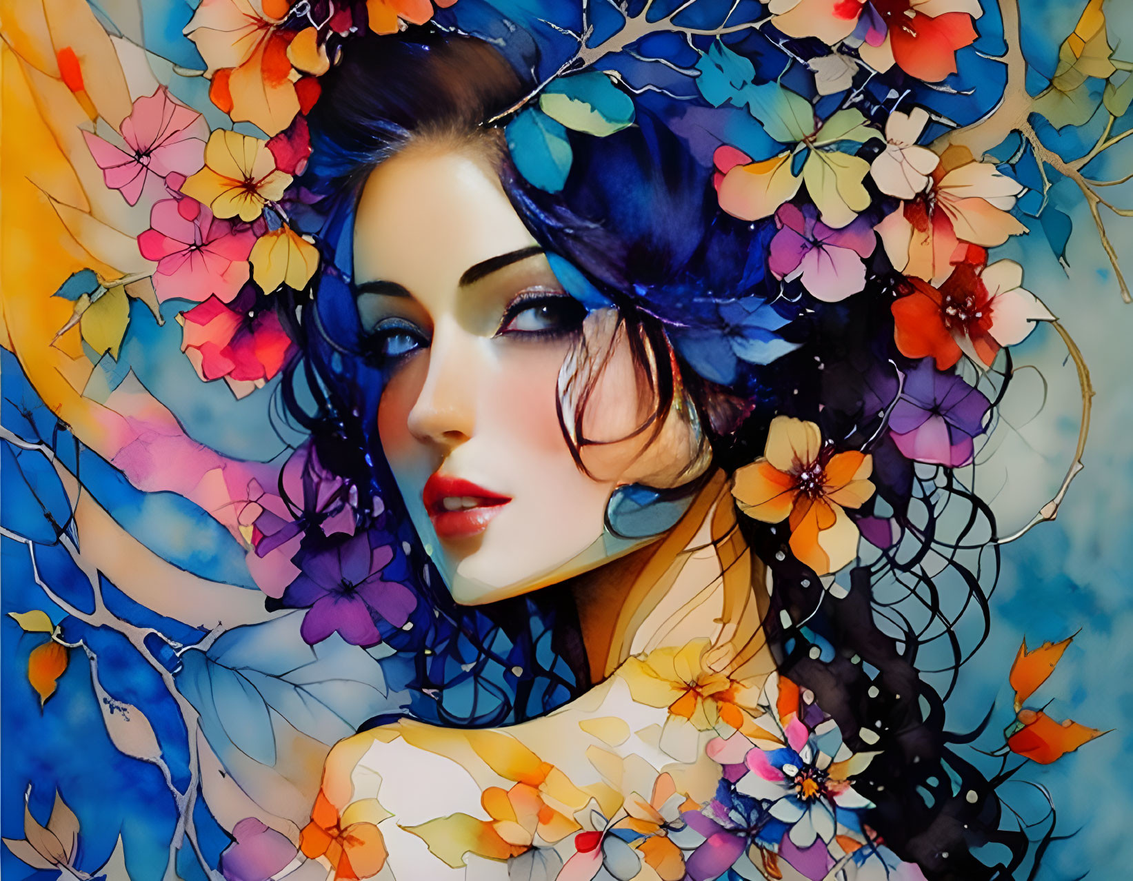 Colorful digital artwork: Woman's face with floral motifs in ethereal blue tones