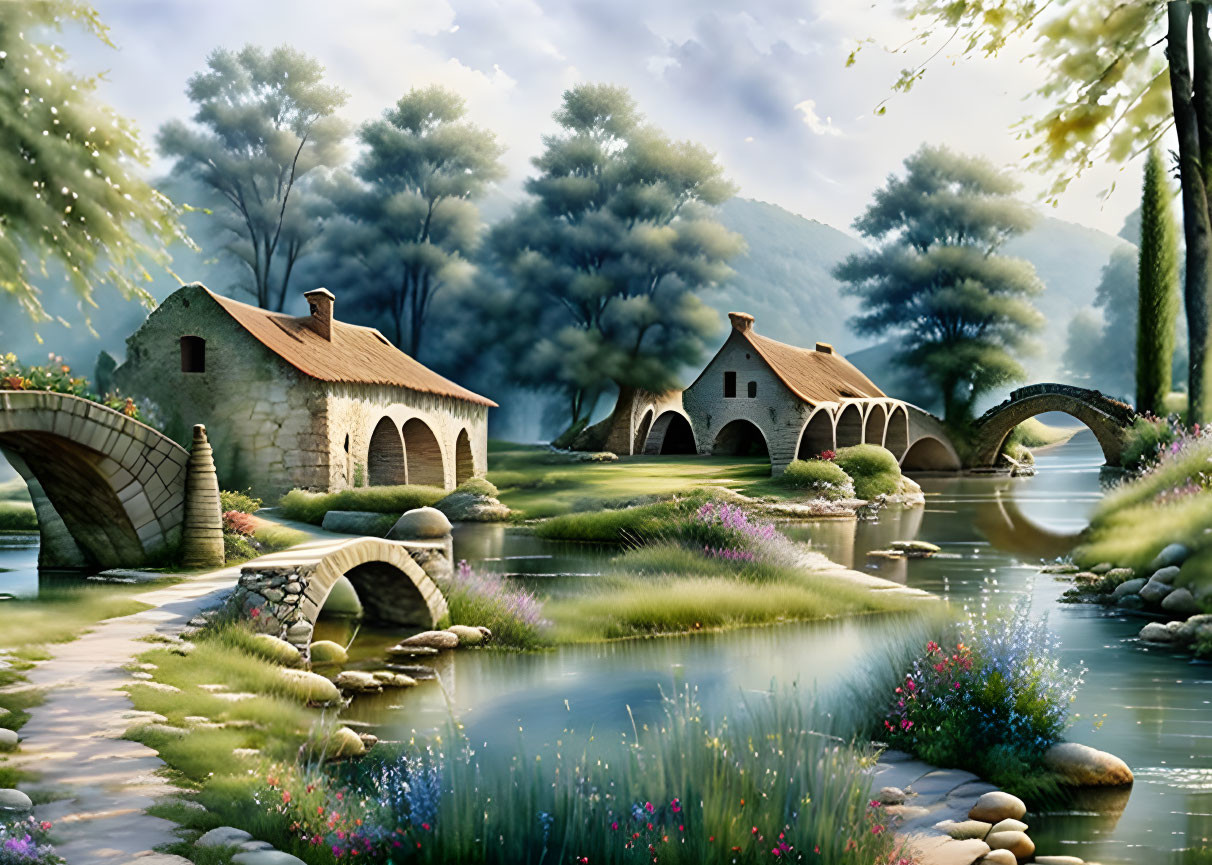 Stone bridge and houses by tranquil riverside with lush trees and colorful flowers reflected in water