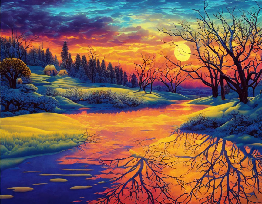 Snowy landscape painting: Sunset scene with orange and blue skies, river, trees, and cottage