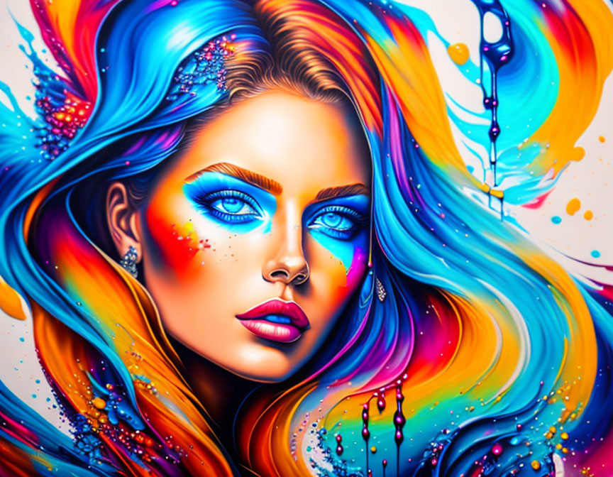 Colorful digital portrait of a woman with flowing blue hair and striking blue eyes