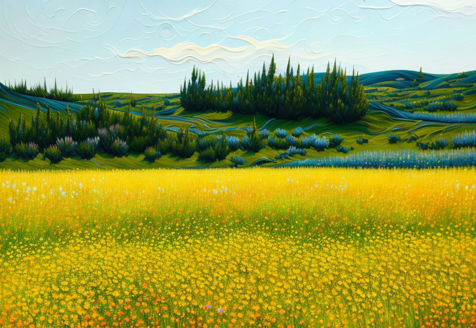 Vibrant yellow flower field in stylized landscape