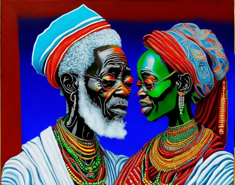 Elderly African couple in traditional attire smiling affectionately