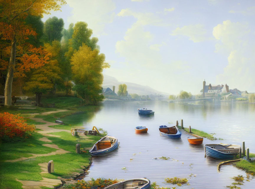 Tranquil river landscape with moored boats, lush greenery, autumnal trees, village,