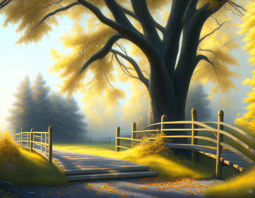 Tranquil autumn landscape with wooden bridge and golden tree leaves