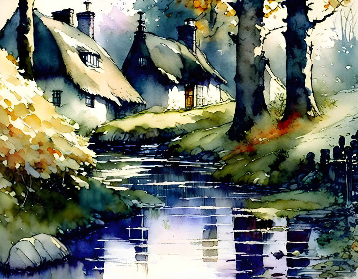 Autumn-themed watercolor painting of thatched-roof cottages by a stream