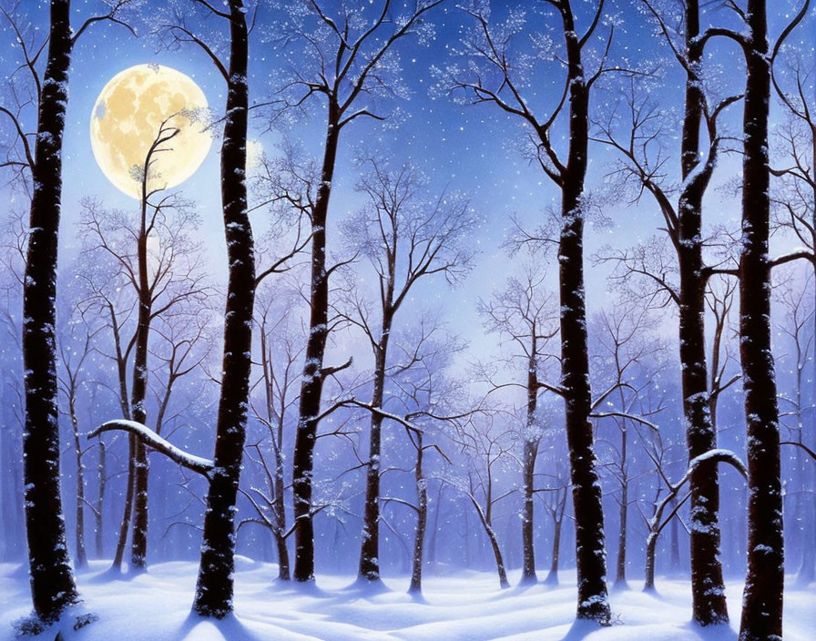 Snow-covered trees under full moon in serene winter night