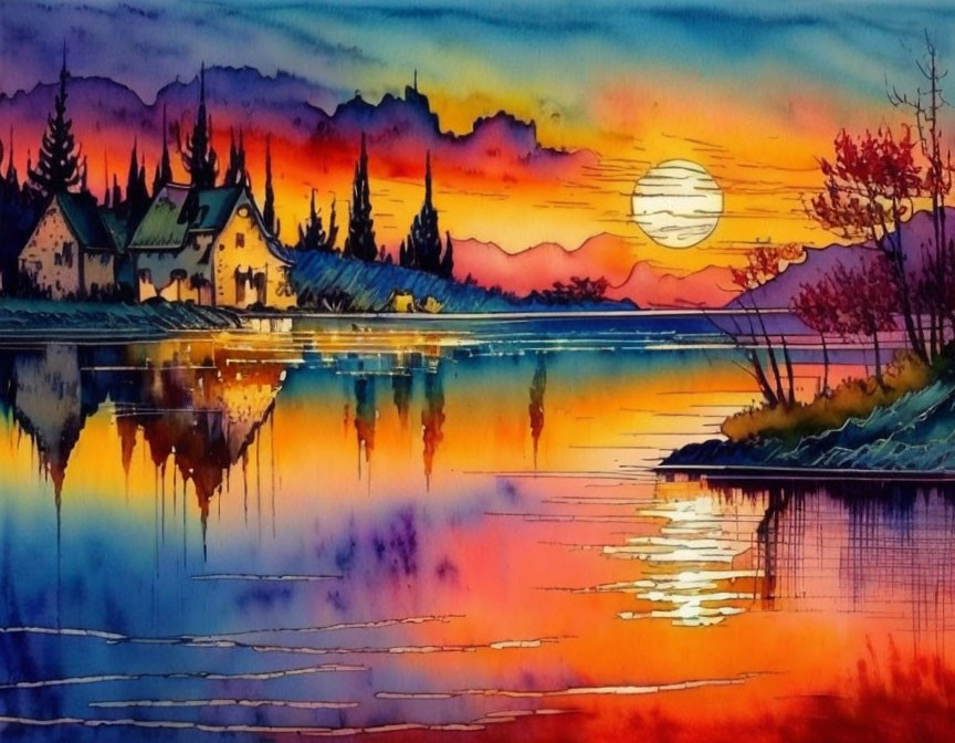 Colorful watercolor painting: sunset reflections on lake with silhouettes.