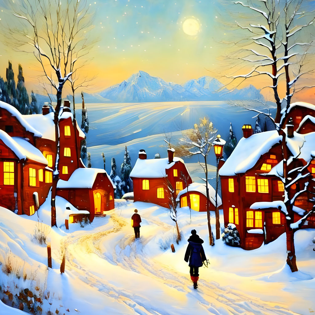 Snow-covered winter village with glowing cottages, snowy path, bare trees, and twilight sky