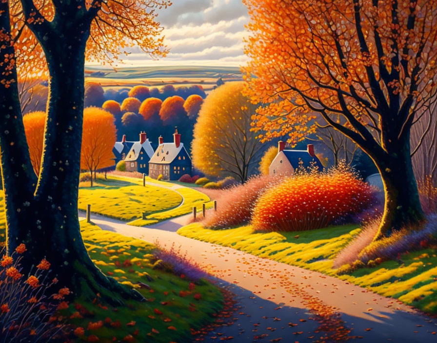 Scenic autumn landscape with golden trees and cozy cottages