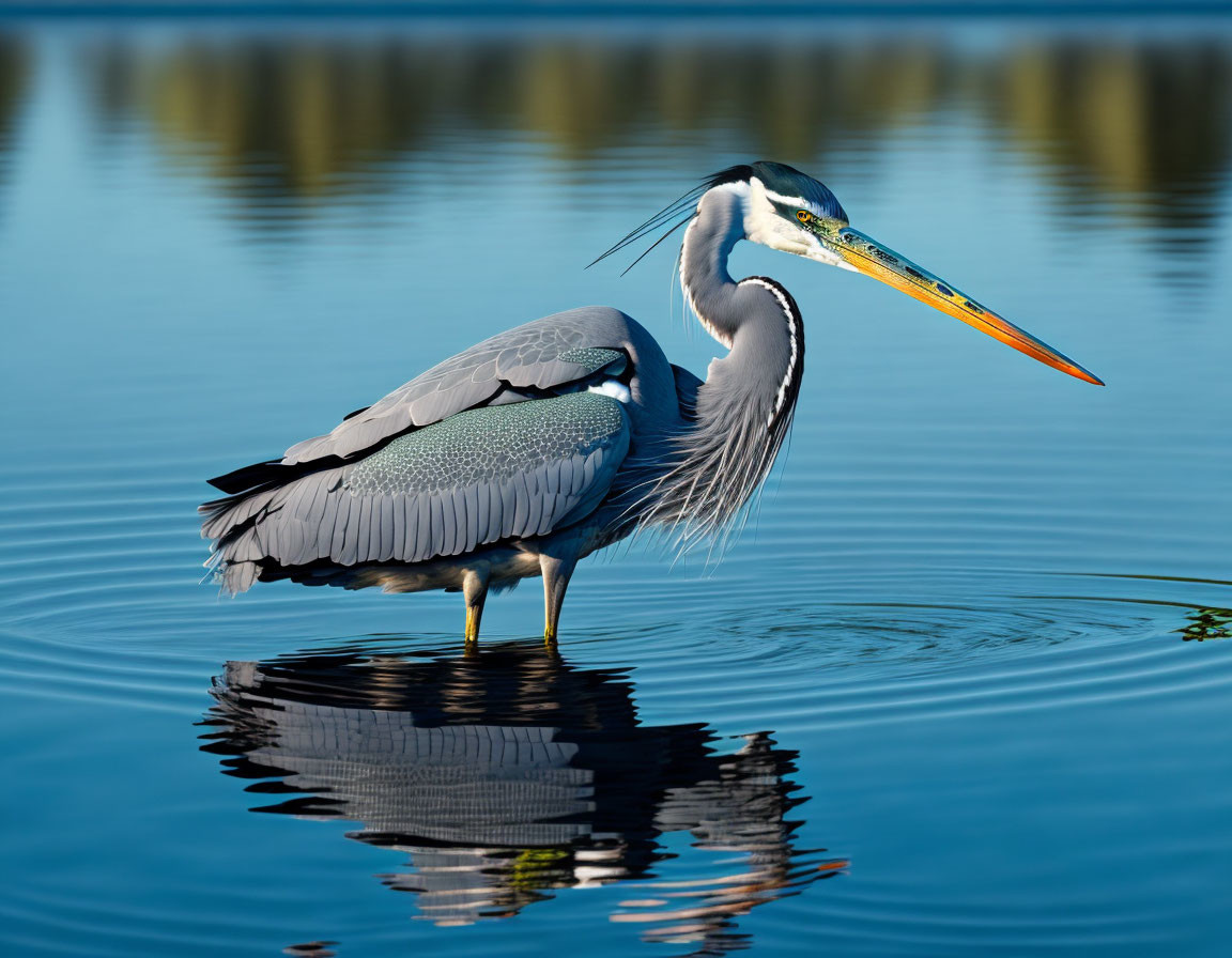 Detailed Great Blue Heron in Calm Water with Sharp Beak and Piercing Eyes