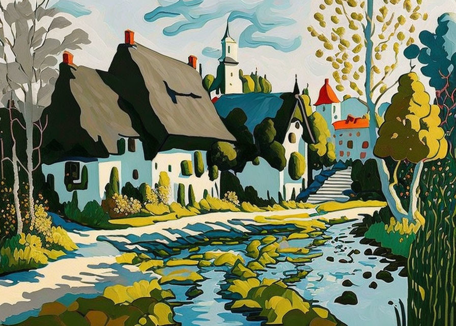 Vibrant painting of a quaint village with thatch-roofed houses and a winding stream