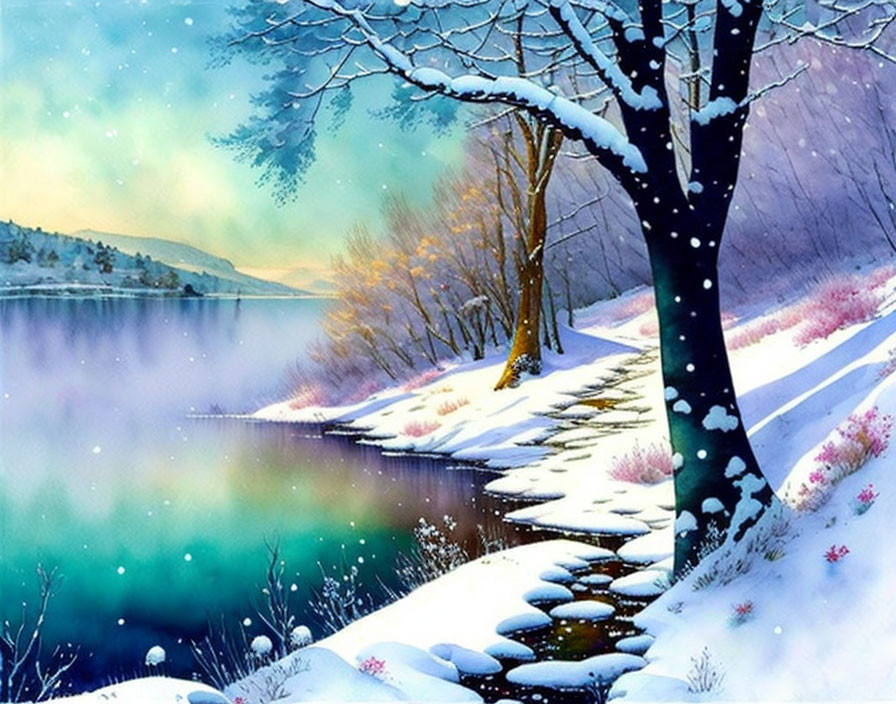 Snow-covered trees, lake, footsteps, flowers under colorful sky