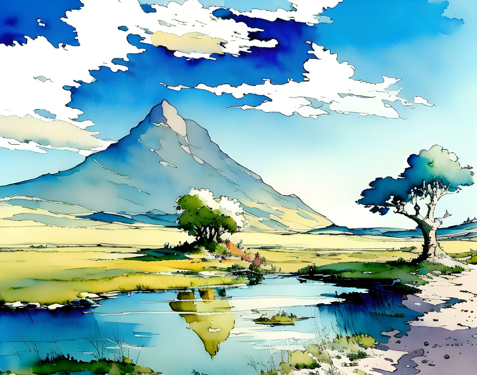 Vibrant landscape illustration with mountain, lake, trees, and sky