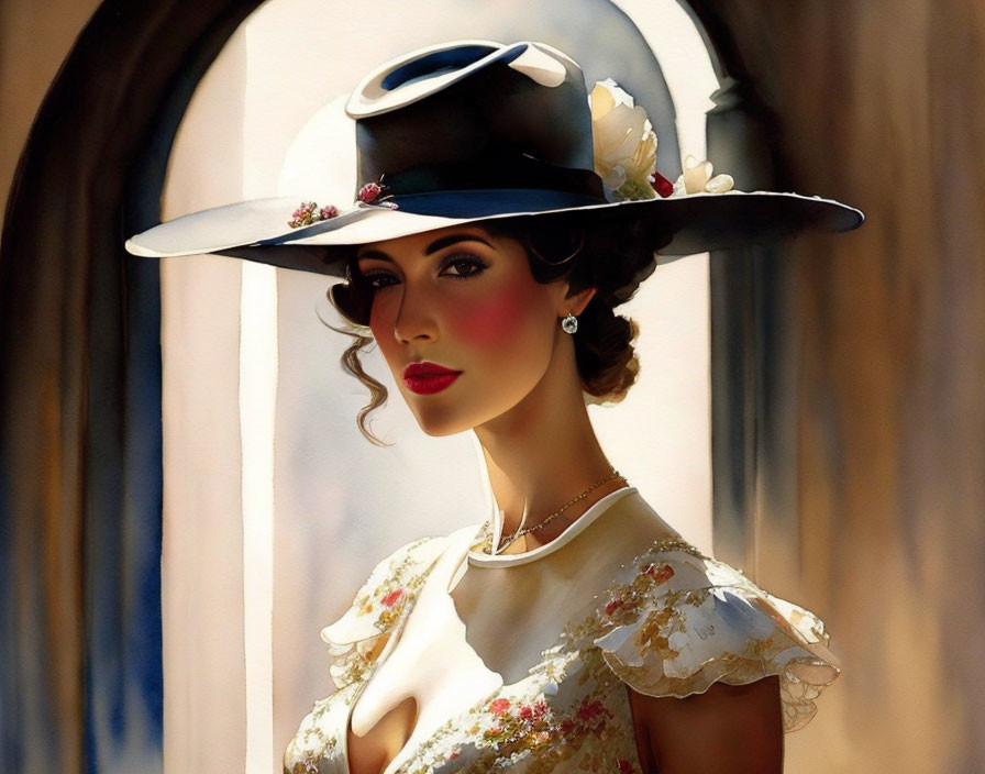 Fashionable woman in floral hat, white dress, pearls & makeup