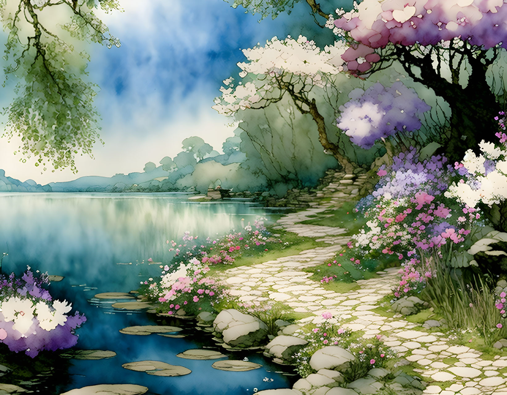 Tranquil stone path by lake with blooming trees and misty forest.