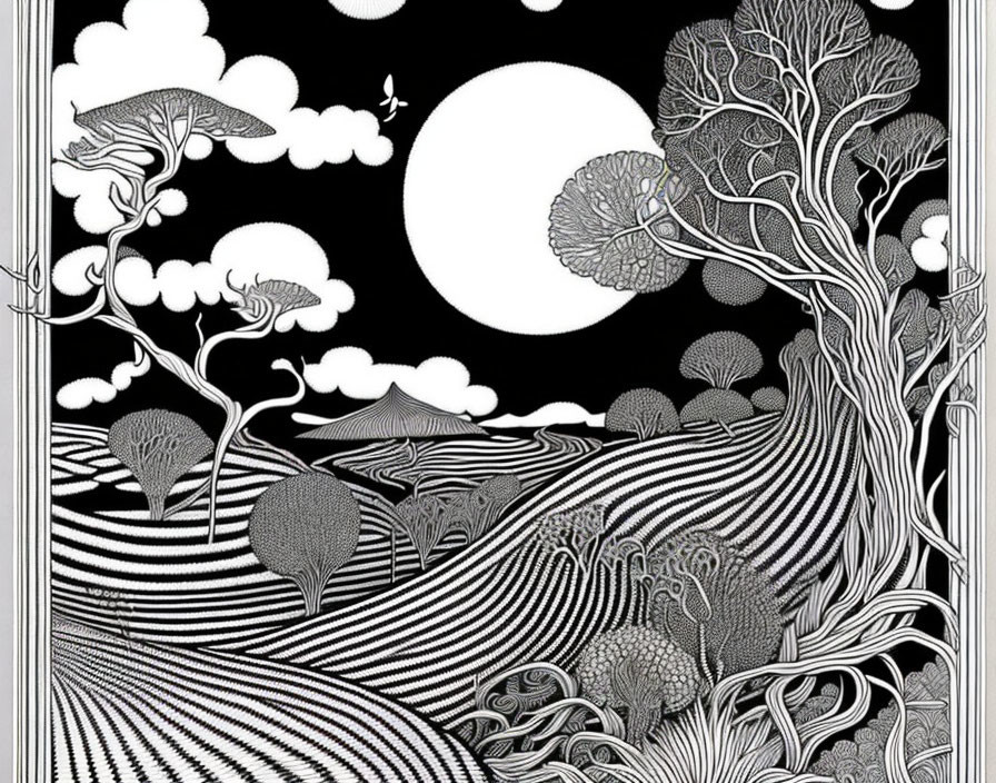 Whimsical black and white landscape with stylized trees and moon