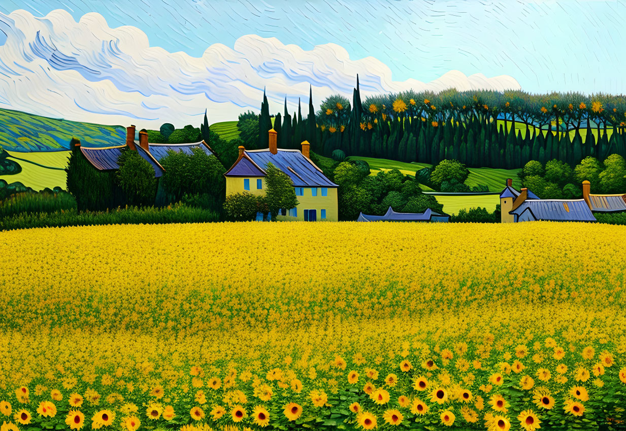 Sunflower Field Painting with Houses, Green Hills, and Blue Sky