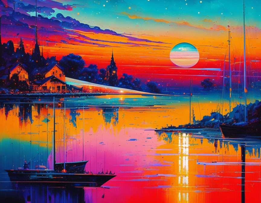 Colorful sunset painting of lakeside village with reflections, boats, and buildings