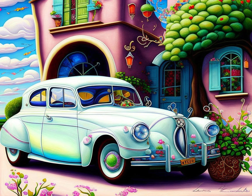 Colorful illustration: Vintage car in front of pink house