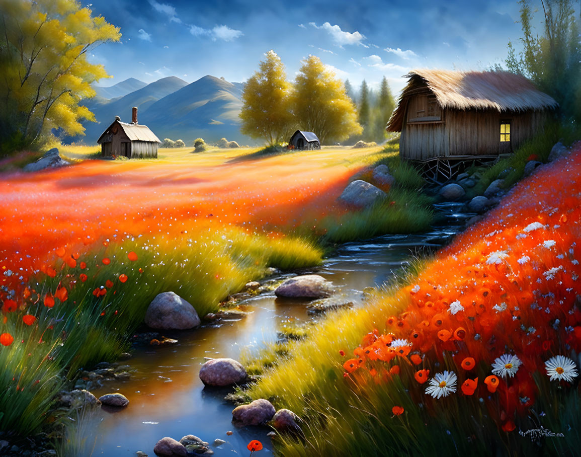 Rustic wooden cabins near stream with orange flowers, greenery, and mountains under golden sky