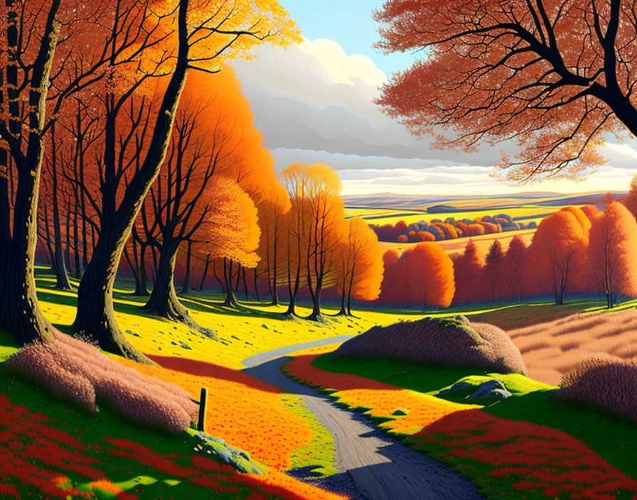 Colorful Autumn Landscape with Winding Road & Rolling Hills