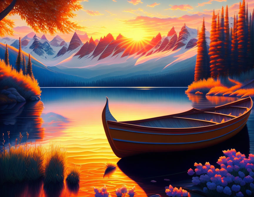 Tranquil Sunset Lake Scene with Canoe, Colorful Trees, and Mountains