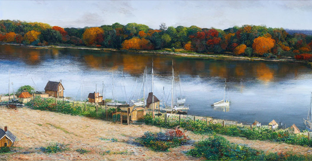 Colorful Autumn Riverside Scene with Sailboats and Buildings