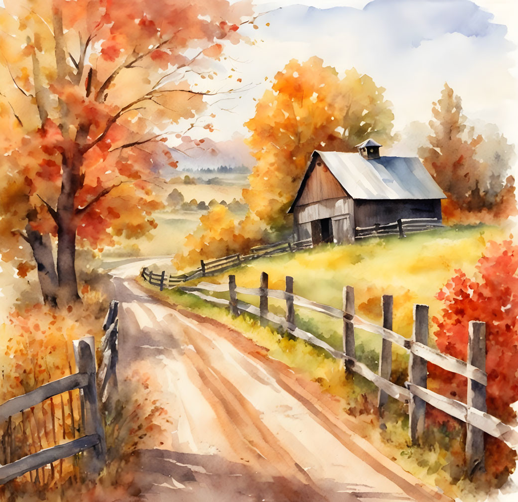 Rustic barn in autumn scene with dirt road and vibrant foliage