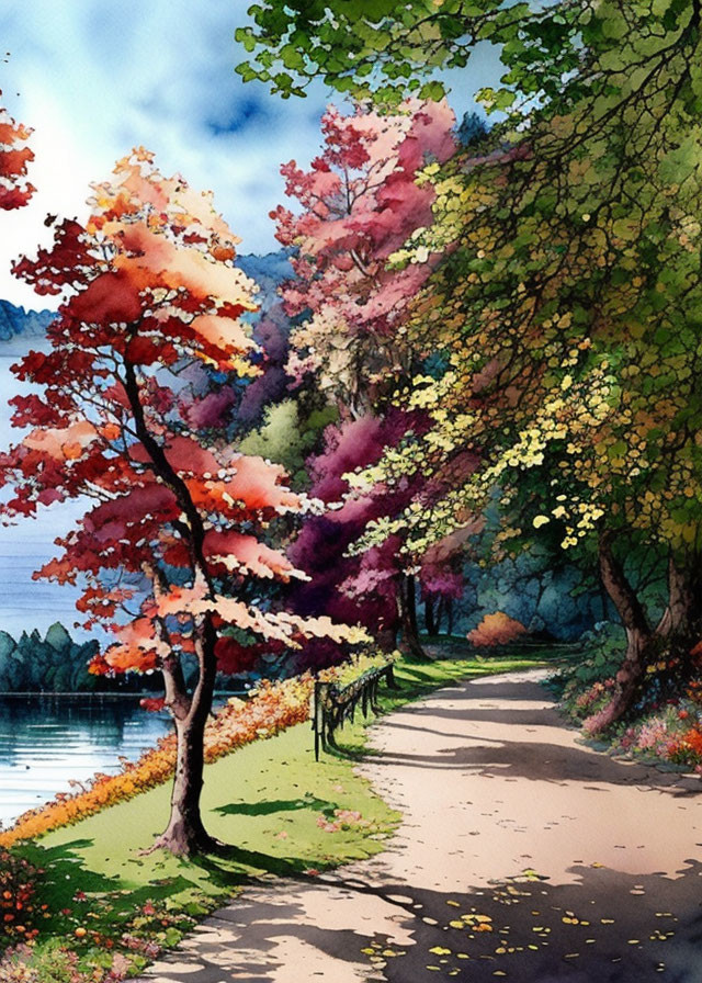 Vibrant autumn trees in colorful watercolor painting