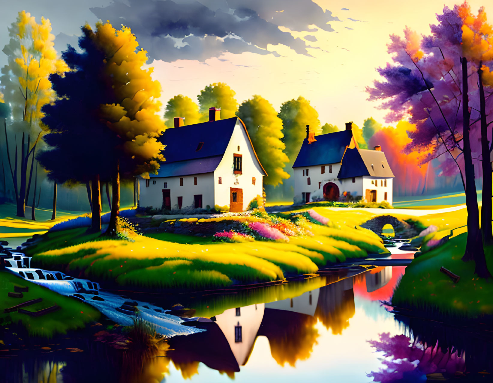 Vibrant autumn foliage, quaint thatched-roof houses, serene stream, colorful flowers, tranquil