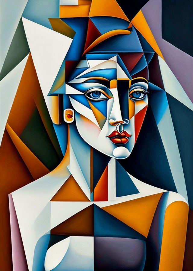 Vibrant cubist-style painting of a woman's face